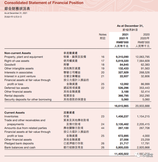 海底捞2021年综合财务状况表资产部分