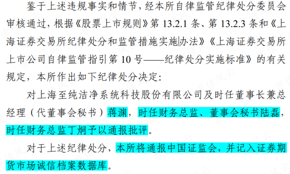 《关于对上海至纯洁净系统科技股份有限公司及有关责任人予以通报批评的决定》