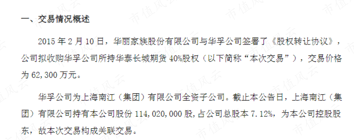 （来源：华丽家族股份有限公司关于收购华泰长城期货有限公司40%股权暨关联交易的公告）